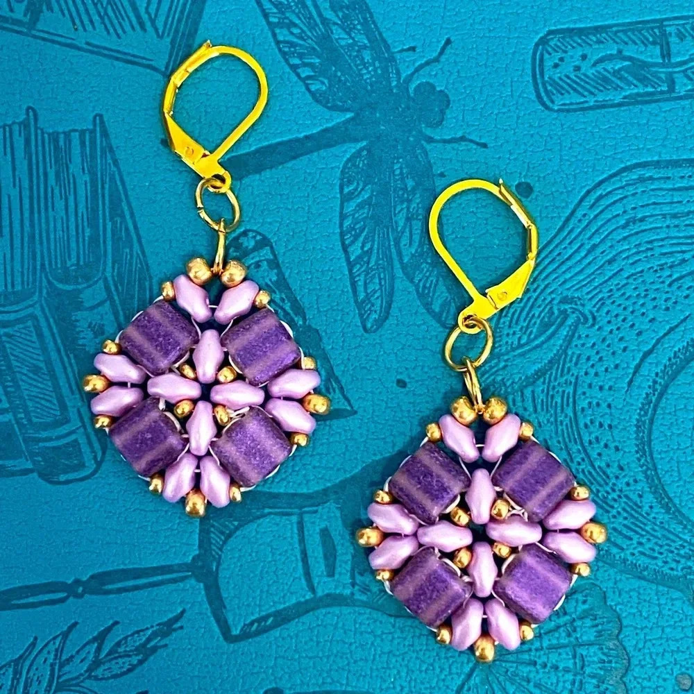 Handmade Lavender Purple Gold Czech Glass Bead Earrings